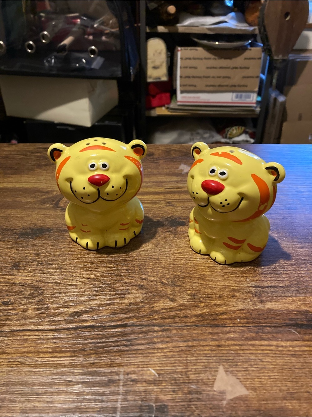 Whimsical yellow w/orange ceramic cat salt & pepper shakers